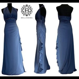 Bellissima Blue ombre halter top ruched side ruffle formal bridesmaid prom gown